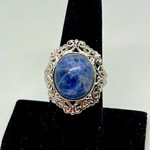 Beautiful Vintage Silver Ring With Blue Marbled Stone